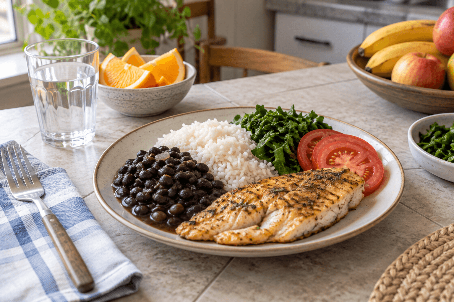 Refeição cotidiana com arroz, feijão, peixe, folhas e tomate