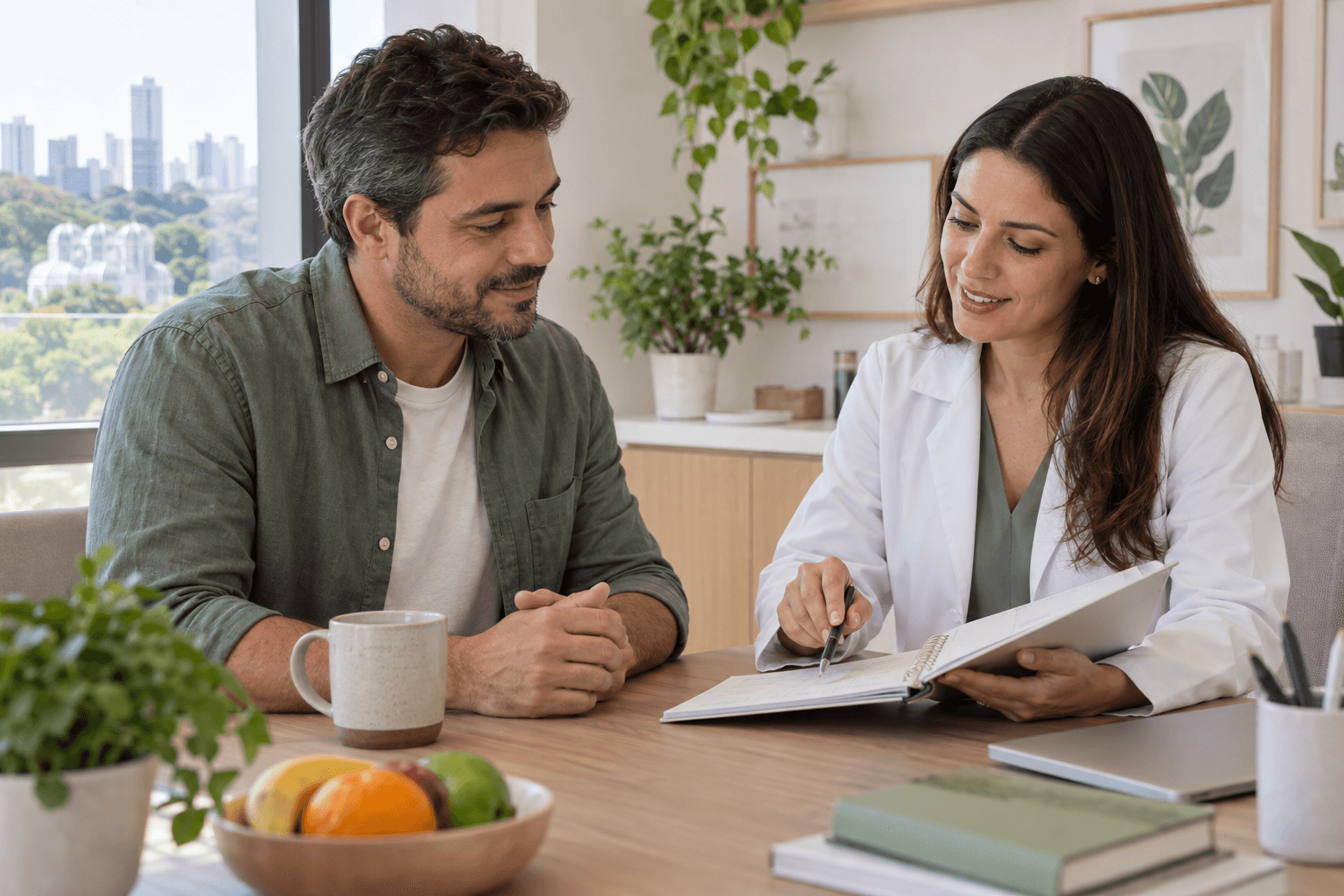 Paciente e profissional conversam enquanto revisam juntos um caderno